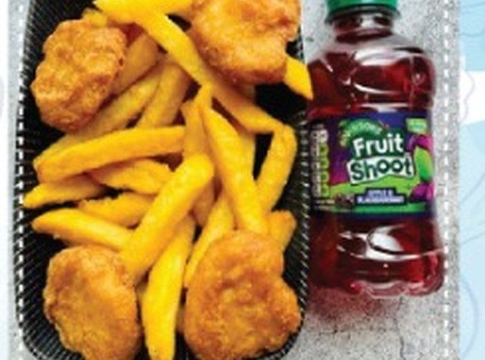 Kids fish and chips meal with a fruit drink